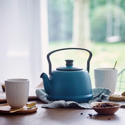 Beka Junna 1 Litre Cast Iron Tea Maker Teapot with Stainless Steel Infuser, Folding Handle and Non-Drip Pouring Spout Kettle Suitable for All Heat Sources - Ocean Colour - Image 2