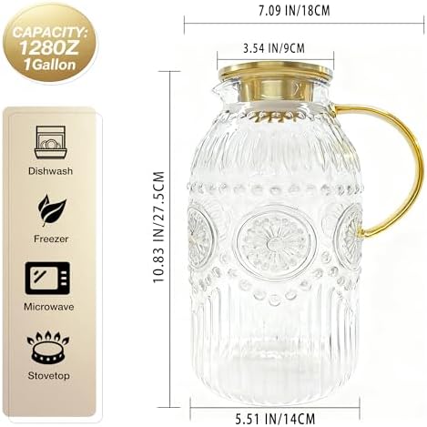 Amzcku Glass Pitcher with Lid, 101 oz/ 3 Liter Vintage Water Pitcher,Water Carafe for Cold Brew, Coffee, Lemonade, Iced Tea,Beverage, Heat Resistant Water Glass Jug 1Pack - Image 2