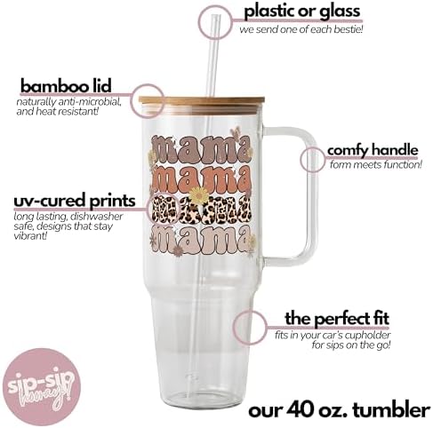 Sip-Sip Hooray! Retro Leopard Mama 40oz Glass Tumbler with Lid and Straw - Image 4