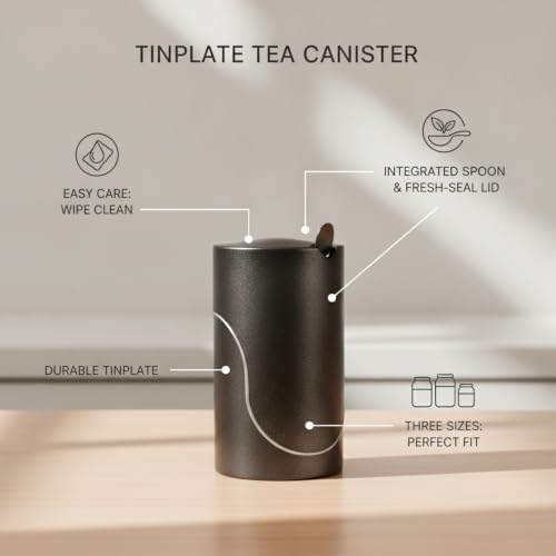 Food Storage Canister with Built-in Scoop, Round Tinplate Metal Jar for Loose Leaf Tea Organization, Black Finish - Image 5