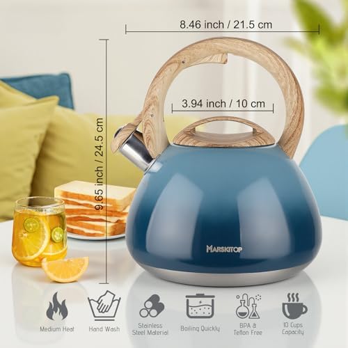 MARSKITOP Tea Kettle Stovetop Whistling, 2.6 Quart Tea Pot for Stove, Food Grade Stainless Steel Teapot for Stovetop with Anti-Hot Handle, Suitable for All Heat Sources, Blue - Image 2