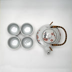 Urban Tokyo Japanese Cherry Blossom Torii Gate Design Tea Set, 22 oz Ceramic Teapot with 4 Cups, White with Bamboo Handle - Image 5