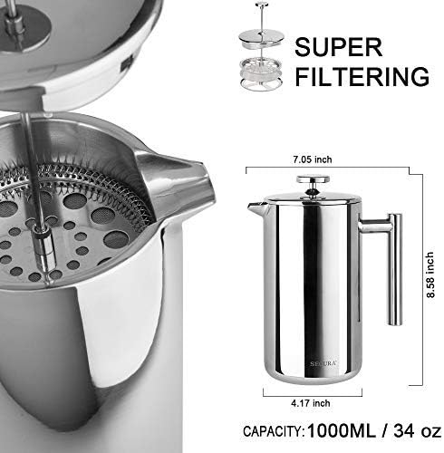 Secura Bundle Stainless Steel French Press Coffee Maker with 6 Replacement Screens, 34 Ounces, Silver - Image 5