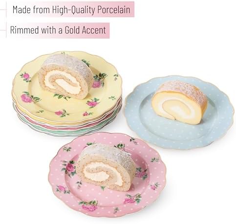 BTaT- Porcelain Floral Plates Set of 8, 8 Inch, Assorted Pastel Colors with Golden Rim, Floral Dessert Plates, Spring Dinnerware, Dishwasher & Freezer Safe - Image 4