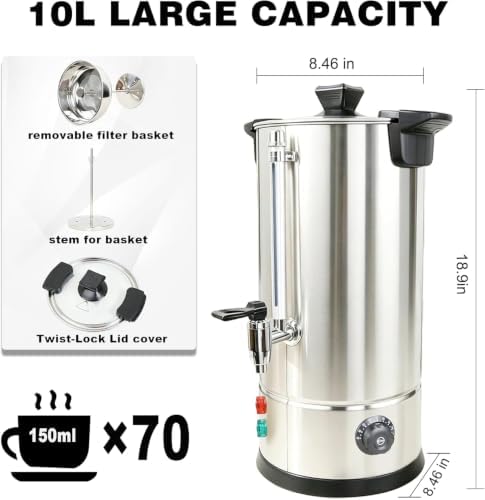 70 Cup Coffee Urn, 10L Commercial Coffee Maker, Double Wall Stainless Steel - Image 2