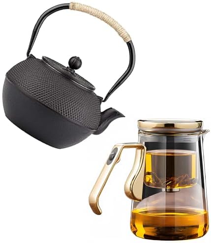 YJX 25.4oz Magnetic Glass Teapot Set with 40.6oz Cast Iron Tea Kettle for Stovetop, Small Enchanted Brewing Tea Pot, Witchcraft Magic Borosilicate Tea Set with Strainer for Loose Leaf by YJX