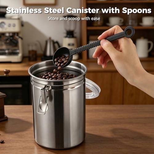 4 Pcs Stainless Steel Canister Set with Spoons, Coffee Storage Container with Clear Airtight Lids and Secure Lock Buckles, 4.9 x 7.1 in, for Coffee Beans, Sugar, Tea, Grains, Flour, Snack - Image 5