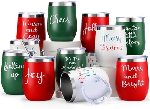Ziliny 12 Pcs Christmas Wine Tumbler Set 12 Oz Insulated with Lid,Texts - Image 2