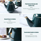 DUJUST 14 pcs Tea Set of 6 with Tray & Spoons, Modern Diamond Design Tea/Coffee Cup Set with Golden Trim, Chic Porcelain Living Room Decor, Fine-China Teapot Party Set, Gift Package - Green - Image 3