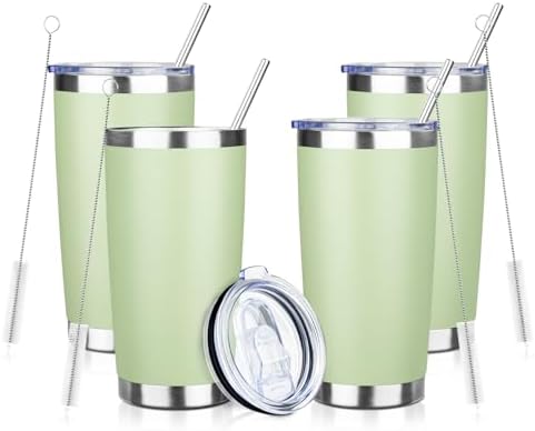 20oz Tumbler with Straw and Brush, Stainless Steel Vacuum Insulated tumbler, Double Wall Insulated Coffee Tumbler for Outdoor, Home, Travel,Office (20 cup-Matcha Green,4pcs) by ATIKZHE