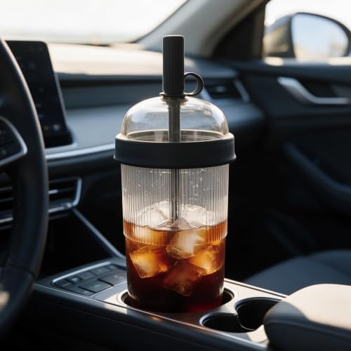 Reusable Clear Tritan Tumbler with Straw & Lid, 18oz Ribbed Portable Travel Cup, Iced Coffee Boba Cup for Office & Car, Multiple Colors (Black) - Image 4