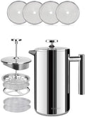 Secura Bundle Stainless Steel French Press Coffee Maker with 6 Replacement Screens, 34 Ounces, Silver by Secura