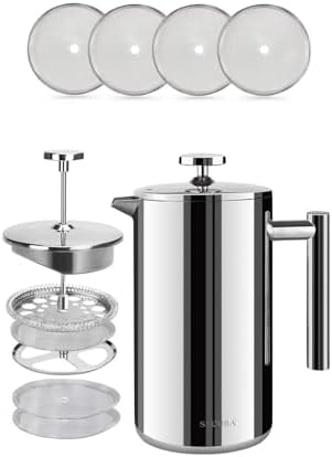 Secura Bundle Stainless Steel French Press Coffee Maker with 6 Replacement Screens, 34 Ounces, Silver by Secura