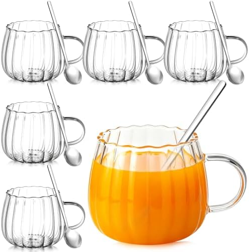 Layhit 6 Sets Pumpkin Shaped Glass Coffee Mugs with Spoons 13.5 oz Clear Tea Cups with Handle Mini Spoons for Milk, Latte, Cappuccino, Espresso, Cold or Hot Drinks by ShungLan