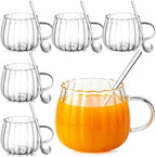 Layhit 6 Sets Pumpkin Shaped Glass Coffee Mugs with Spoons 13.5 oz Clear Tea Cups with Handle Mini Spoons for Milk, Latte, Cappuccino, Espresso, Cold or Hot Drinks by ShungLan