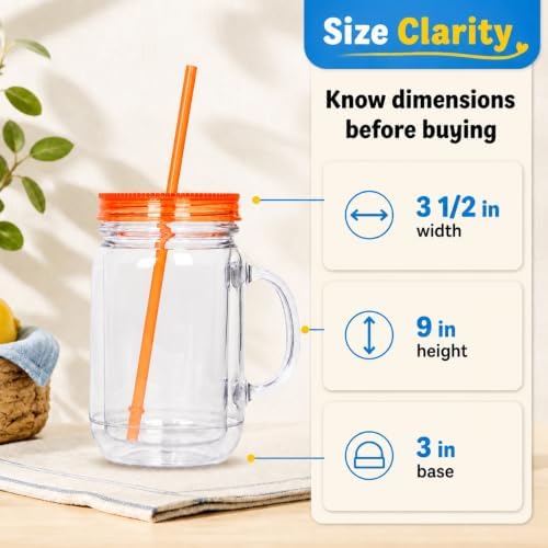Plastic Mason Jars with Handles, Lids and Straws | 20 oz Double Insulated Tumbler with Straw | 4 Pack Set of 4 | Wide Mouth Mason Jar Mugs | Cups for Kids and Adults… - Image 5