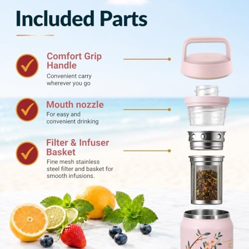 Farasi Loose Leaf Tea Infuser Bottle Wide Mouth Coffee, Fruit, Insulated Stainless Steel Water Bottle Infuser Tumbler - Leakproof Built In Handle Travel Mug Pink Floral 24 oz - Image 4