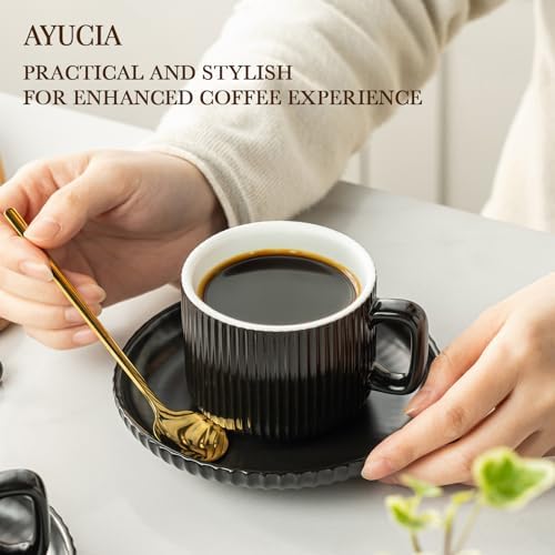 5 Ounce Espresso Cups Set of 4, Small Coffee Cups with Saucers and Spoons, Black Ceramic Demitasse Espresso Mugs - Image 3