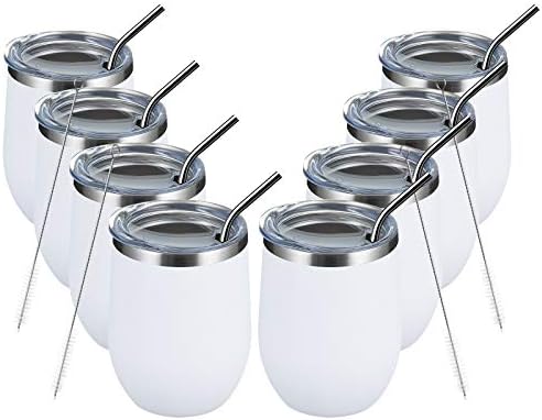 MEWAY 12oz/8 Pack Wine Tumbler Glasses with Lid - Stemless Double Wall Vacuum Stainless Steel Travel Tumbler - Keeping Cold & Hot for Wine,Coffee,Cocktails,Drinks-Family and Gifts (White,Set of 8) by MEWAY