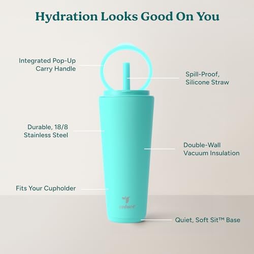 REDUCE Halo 32 oz Stainless Steel Vacuum Insulated Tumbler - Spill Proof Travel Mug with Flip Handle Lid - Keeps Drinks Cold for 32 Hrs - Dishwasher Safe - Cupholder Friendly - Ocean Breeze - Image 3