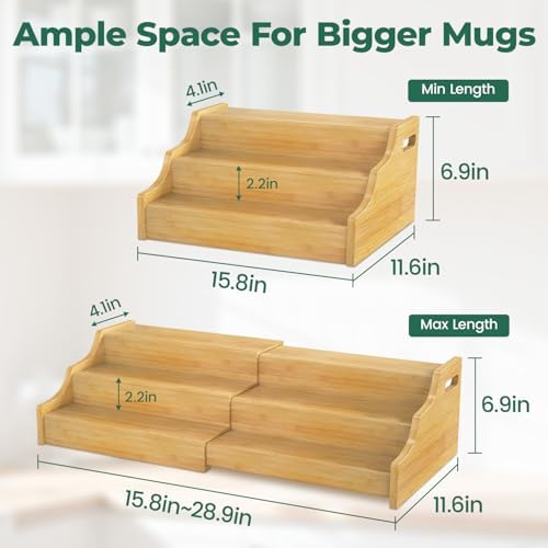 EsLuker.ly Coffee Mug Cup Holder Rack for Cabinets Countertop, 3 Tier Expandable Mug Storage Organizer Bamboo Coffee Bar Station Display Stand Shelf for Kitchen Countertop, No Assembly, More Space - Image 3