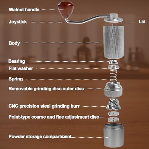 Manual Coffee Grinder Detachable Stainless Steel Conical Burr Aluminum Coffee Bean Grinder Silver with 3 Cup Aluminum Espresso Stovetop Moka Pot Express Coffee Maker Percolator Italian Classic - Image 4