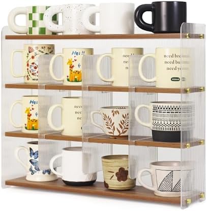 Mug Shelf 4-Tier Walnut Coffee Cup Displays,Kitchen Spice Storage by KAOTGOT