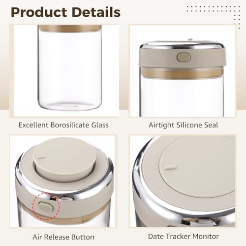 2 Pack Airtight Glass Coffee Canisters, 37.2 fl oz Vacuum Seal Storage Container with One Way Valve for Coffee Beans, Tea, Milk Powder, Warm Grey White, 6.3 x 4.41 x 4.49 in - Image 4