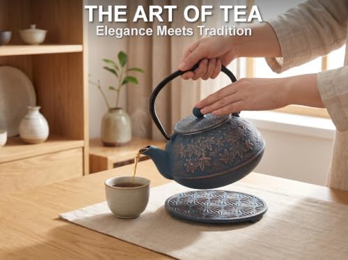 40 Oz Blue Maple Leaf Cast Iron Teapot, Enamel Interior, Infuser & Trivet - Image 2