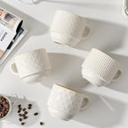 JIEMEI HOME Large Ceramic Coffee Mug Set of 4 with Stand, 15 Oz Stackable Different Embossment Ribbed Latte Cup Set for Cappuccino, Tea, Hot Cocoa, Drinks - Dishwasher & Microwave Safe, White & Green - Image 7