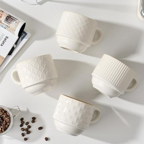 JIEMEI HOME Large Ceramic Coffee Mug Set of 4 with Stand, 15 Oz Stackable Different Embossment Ribbed Latte Cup Set for Cappuccino, Tea, Hot Cocoa, Drinks - Dishwasher & Microwave Safe, White & Green - Image 7