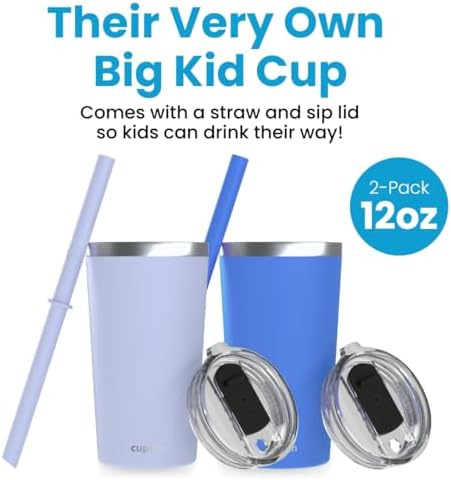 CUPKIN Toddler Tumblers, The Original 12 oz Stackable Stainless Steel Cups, Set of 2 Powder Coated Insulated Kids Water Bottle Alternative & BPA Free Lids + Reusable Silicone Straws (Blue + Gray) - Image 2