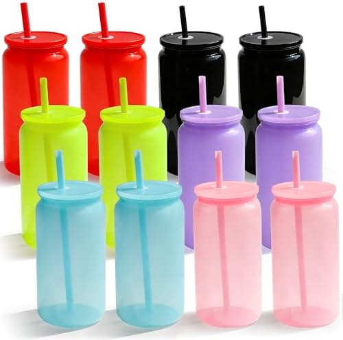 16oz Acrylic Tumblers Cups with Lids and Straws, 12 Pack Plastic Mason Jars Iced Coffee Drinking Glasses for Park Picnic, Poolside, Party Giveaways, Jelly Color by Paoren