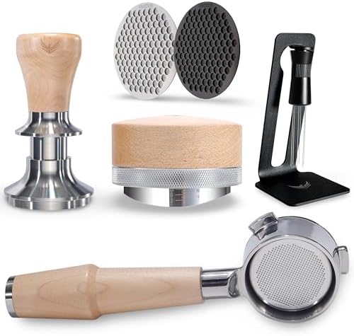 54mm Espresso Kit for Breville – Maple Bottomless Portafilter, Coffee Distributor, Tamper, WDT Tool, 2 Puck Screens – Fits Barista Express, Pro, Touch, Bambino, Infuser by KNODOS