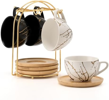 LUKA Ceramic Demitasse Espresso Cups Set with Saucers and Metal Stand, 8 oz Porcelain Stackable Cappuccino Cups Teacup For Tea, Espresso, Latte, Coffee, Cafe Mocha, Set of 4, White & Black by LUKA