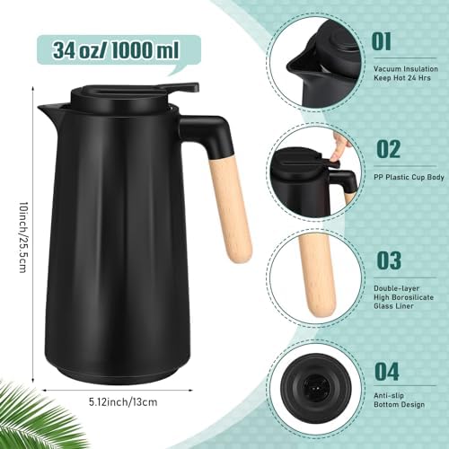 Ziliny 2 Pcs 34 oz Thermal Coffee Carafe for Keeping Hot/Cold Double Wall Vacuum Carafe with Insulated Glass Liner and Wood Handle Coffee Pot Container for Drinks Milk Tea Chocolates(Black) - Image 2