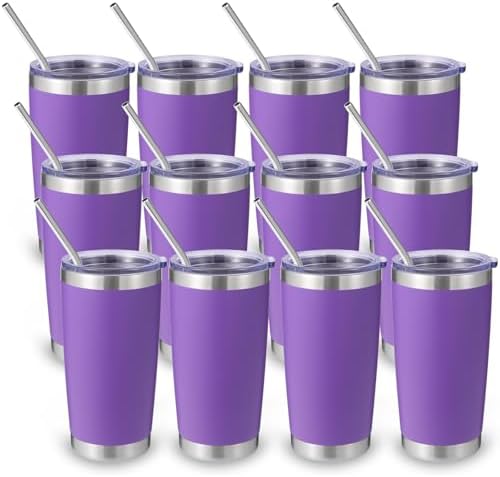 Volhoply 20oz Stainless Steel Tumbler with Lid and Straw Bulk 12 Pack,Double Wall Insulated Travel Iced Coffee Mug Fits Cup Holder,Powder Coated Cups for Hot/Cold Drinks,Christmas Gifts（Purple,12 Set） by LiveFully%EF%BC%8CDrinkFreely%E2%80%94KeepGoingwithVolhoply%EF%BC%81
