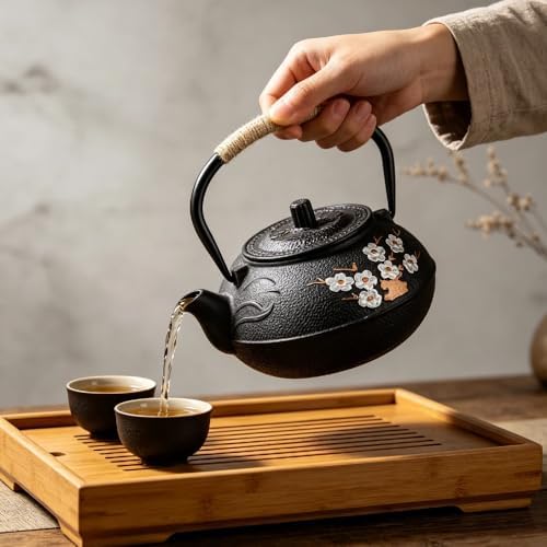 Japanese Style Tea Pot Kettle Tetsubin Gift Cast Iron Teapot with Stainless Steel Infuser for Stovetop Safe Coated Plum Blossom & Bamboo Pattern 650ml/22oz (Blossom & Bamboo (22oz)) - Image 3