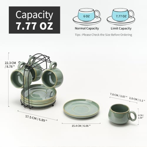 LUKA 7.77 oz Ceramic Cappuccino Cups with Saucers and Metal Stand, Set of 4 Large Unique Porcelain Coffee Cup for Latte, Cafe Mocha, Tea, Espresso, Dishwasher Safe, Wild Sage Earth Speckle - Image 2