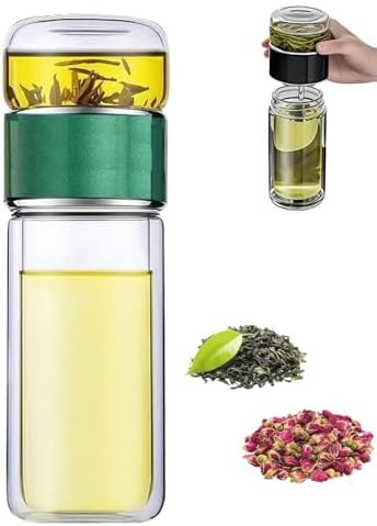 Glass Infuser Tea Cup, 3-in-1 Design with Built-in Filter, Double Layer Insulated Tea Bottle with Lid, Portable Loose Leaf Tea Steeper for Home Travel Office Use by Unknown