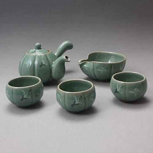 Korean Style Celadon Porcelain Pumpkin Bird Cloud Design Tea Ceremony Complete Service Gift Set Ceramic Pottery 11.8 oz (350ml) Side Handle Tea Pot Cups Teapot Pitcher Bowl for Cooling Hot Water - Image 2