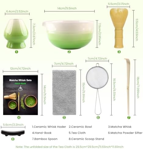 7Pcs Matcha Set, Matcha Whisk Set - Whisk Plastic Whisk, Whisk Holder, Matcha Bowl with Pouring Spout, Scoop, Sifter, Absorbent Cloth - Japanese Tea Ceremony Set for Home Use or Gift, Gradient Green - Image 7
