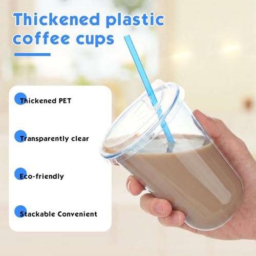 Ziliny 50 Pack 16 Oz Blue Plastic Cups with Lids and Straws, Iced Coffee - Image 4