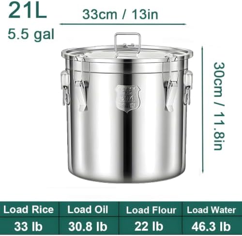 5.5Gal 304 Stainless Steel Airtight Container with Lid and Locking Clamp, 17-38Lbs Metal Bucket Drum Large Dog Food Storage Container for Milk, Oil, Coffee Storage Container (21L) - Image 2