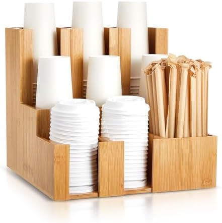 CroBlissful 9 Compartment Bamboo Wood Vertical Coffee Cup and Lid Dispenser by CroBlissful