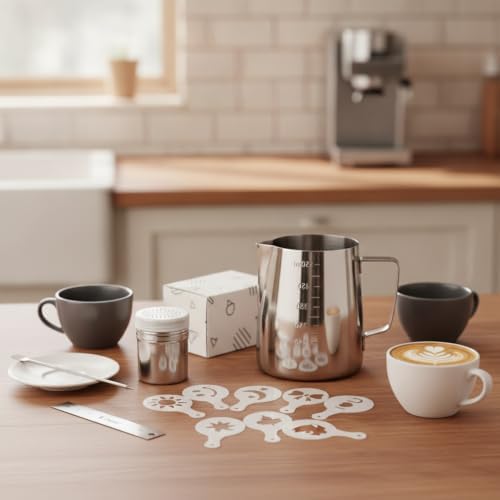 Milk Frothing Pitcher Set with Latte Art Molds, Needle, and Powder Shaker for Home Espresso - Image 3