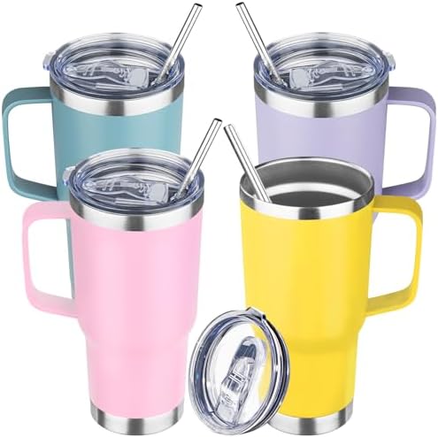 20oz Stainless Steel Insulated Tumbler with Handle and Lid, Double Wall Vacuum Insulated Coffee Mug, Leak Proof Travel Mug for Hot and Cold Drink, Mix Color-4 Pack by YEBTSLife