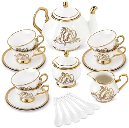 fanquare 21 Pieces British Porcelain Tea Set, Gold Tulip Tea Service for Afternoon Tea Party, 6 Teacup and Saucers for Coffee Home Wedding Birthday by fanquare