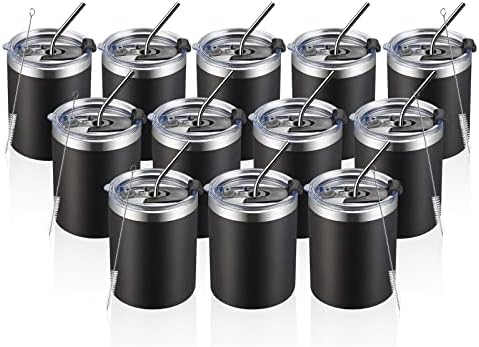 MEWAY 12 oz Lowball, Tumbler Stainless Steel Double Wall Vacuum Insulated Mug with Straw and Lid, Cleaning Brush ，Durable Powder Coated Insulated Coffee Cup for Cold & Hot Drinks (Black, 12 pack) by MEWAY