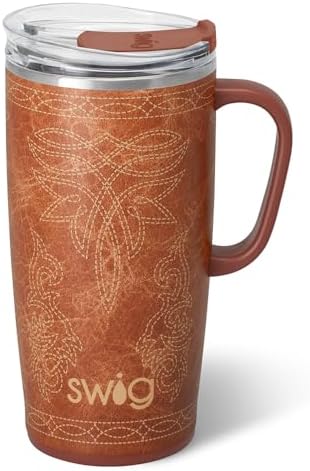 Swig Life 22oz Insulated Travel Mug with Handle & Lid, Saddle Stitch Cognac by SwigLife